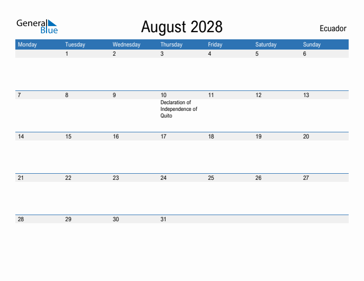 Fillable August 2028 Calendar