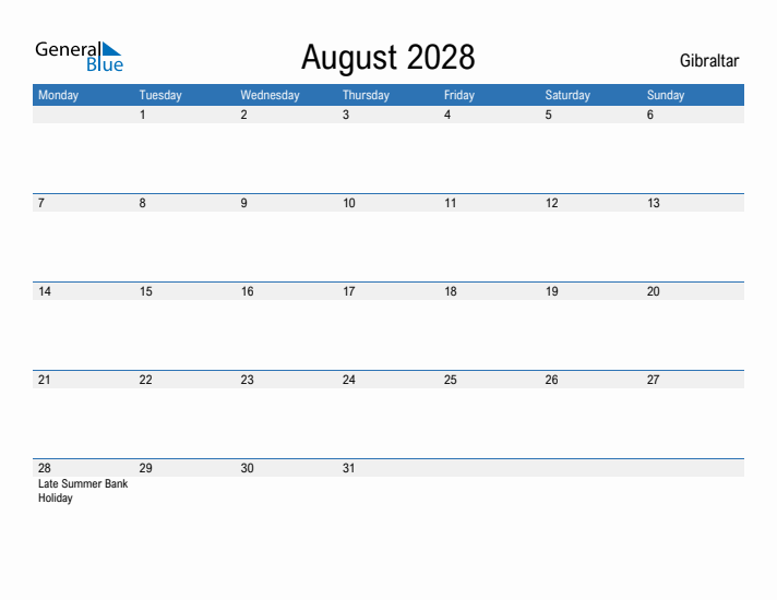 Fillable August 2028 Calendar