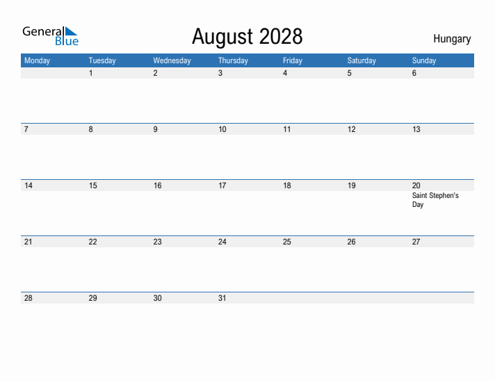 Fillable August 2028 Calendar