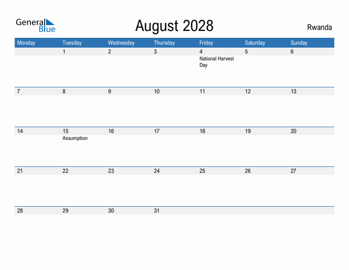 Fillable August 2028 Calendar