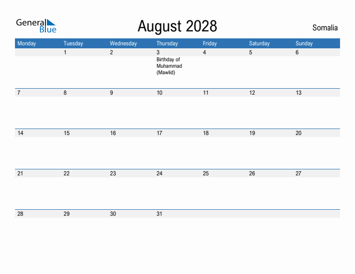 Fillable August 2028 Calendar