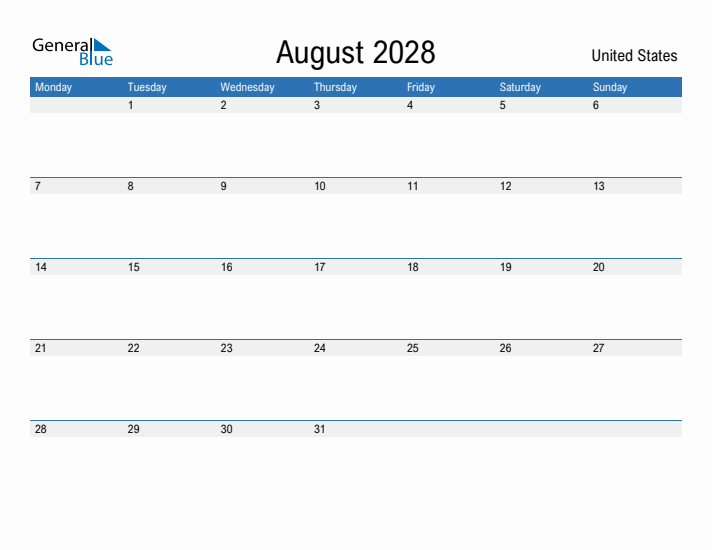 Fillable August 2028 Calendar