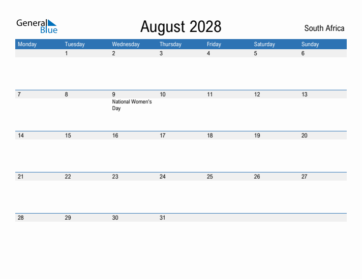 Fillable August 2028 Calendar