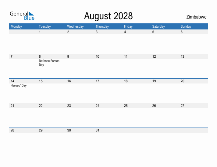 Fillable August 2028 Calendar