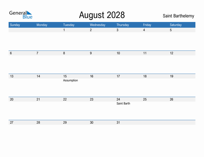 Fillable August 2028 Calendar