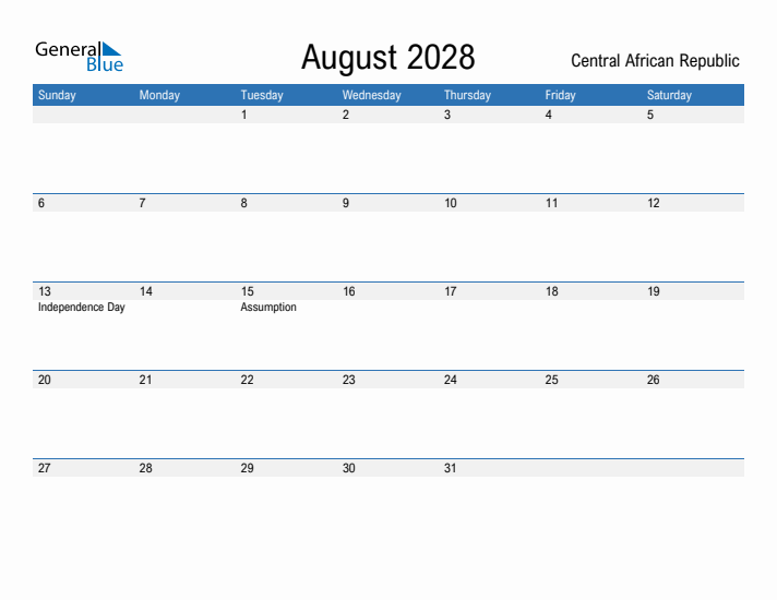 Fillable August 2028 Calendar