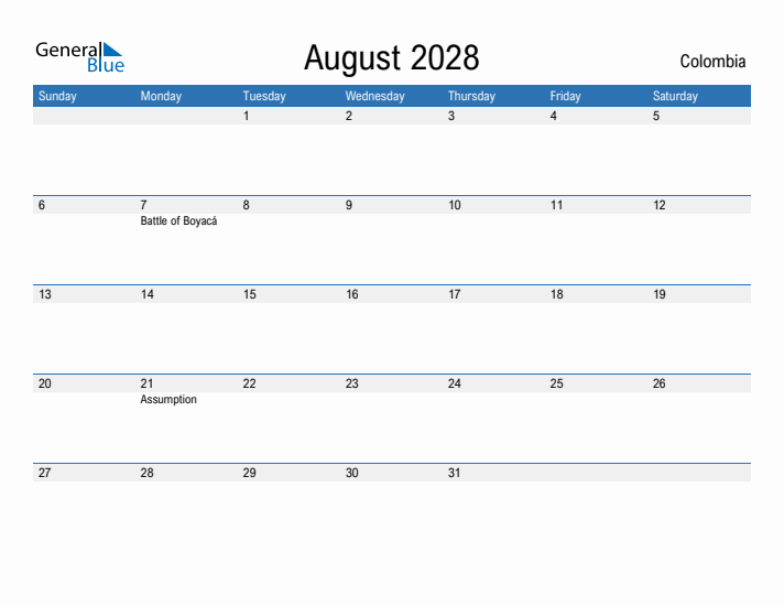 Fillable August 2028 Calendar