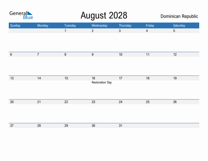 Fillable August 2028 Calendar