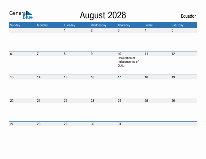 Fillable August 2028 Calendar