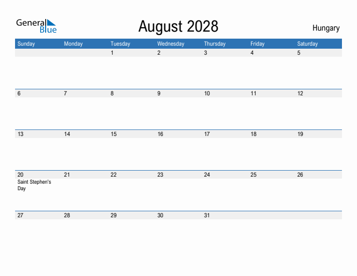 Fillable August 2028 Calendar