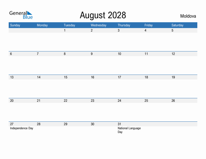 Fillable August 2028 Calendar