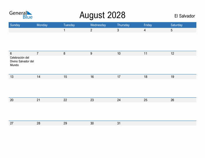 Fillable August 2028 Calendar