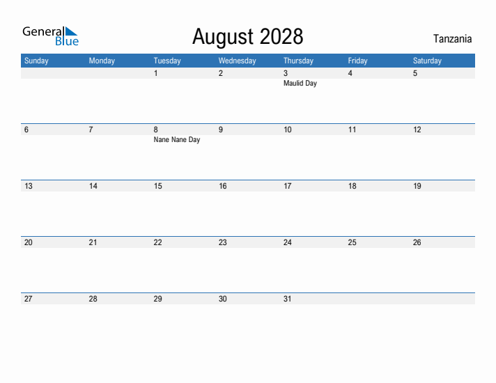 Fillable August 2028 Calendar