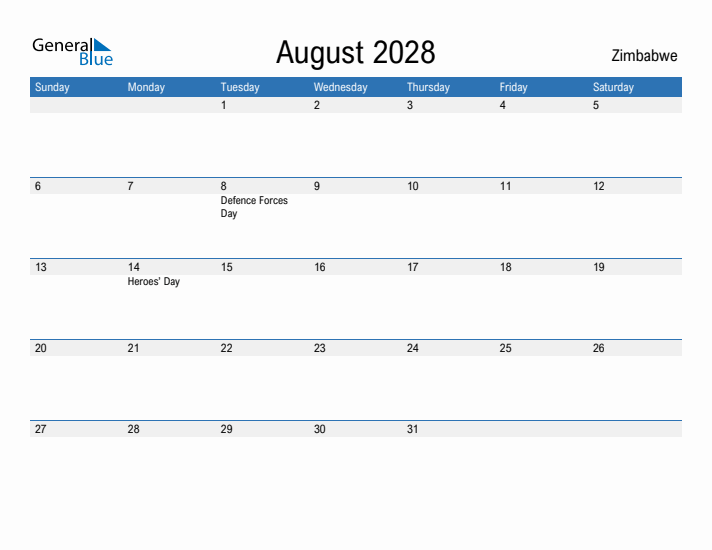 Fillable August 2028 Calendar