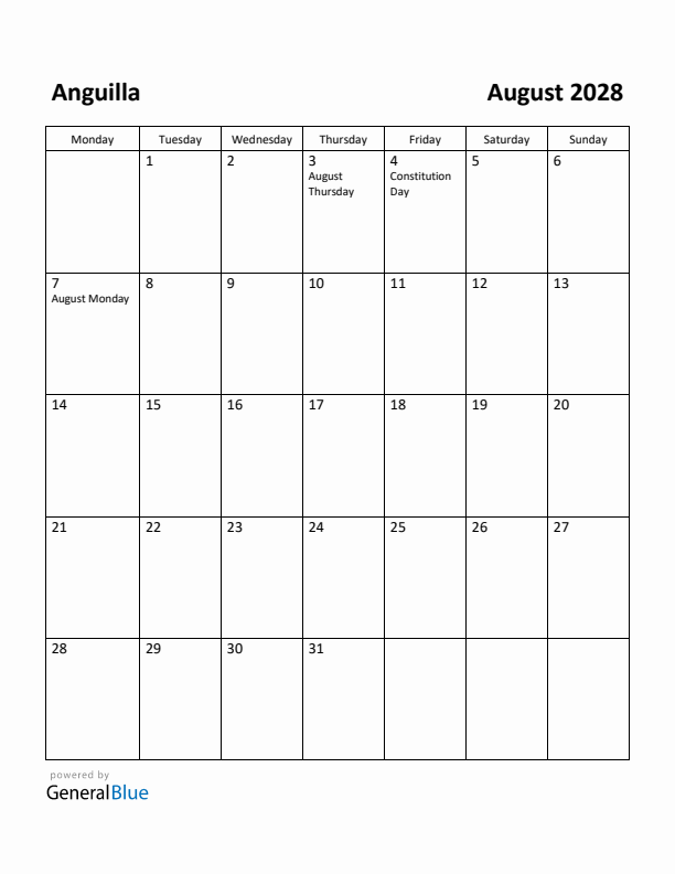 August 2028 Calendar with Anguilla Holidays