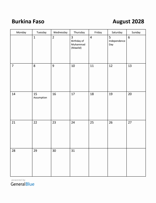 August 2028 Calendar with Burkina Faso Holidays