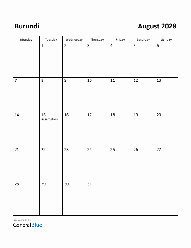 August 2028 Calendar with Burundi Holidays