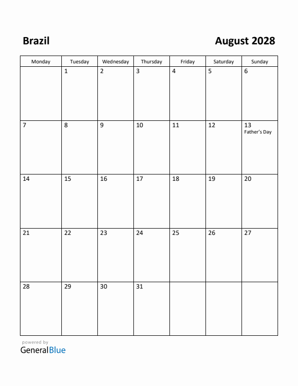 August 2028 Calendar with Brazil Holidays