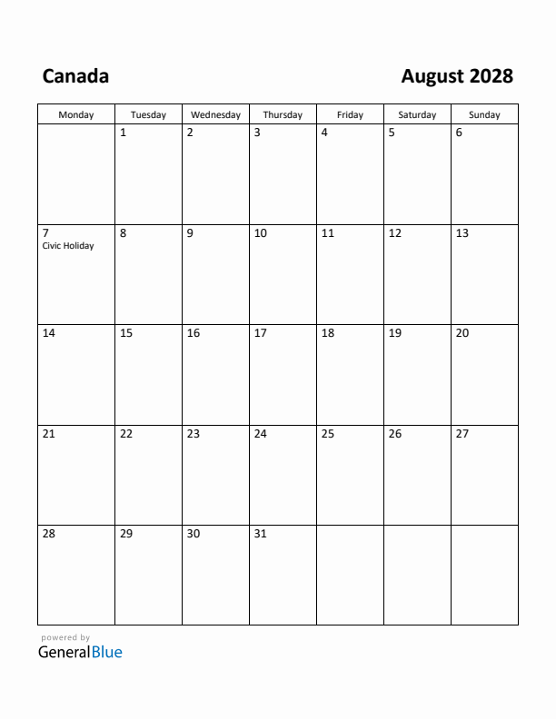 August 2028 Calendar with Canada Holidays