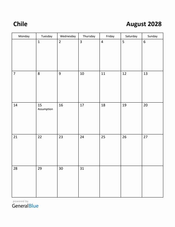 August 2028 Calendar with Chile Holidays