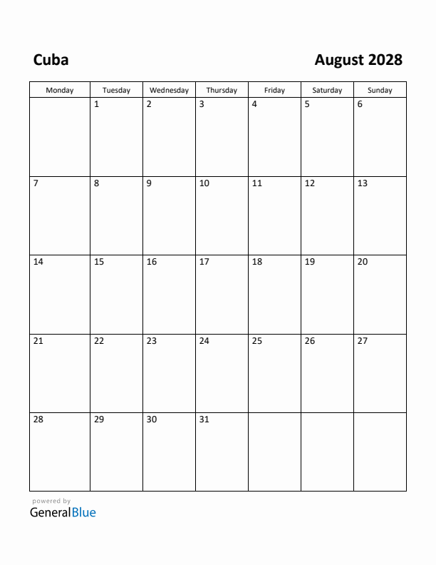 August 2028 Calendar with Cuba Holidays