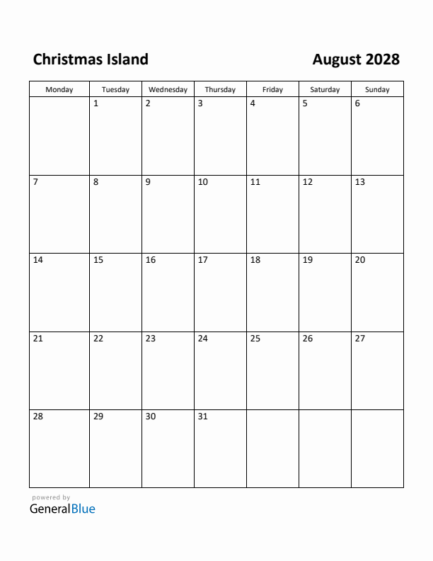 August 2028 Calendar with Christmas Island Holidays