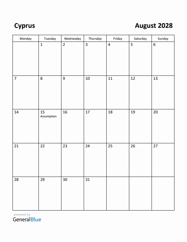 August 2028 Calendar with Cyprus Holidays