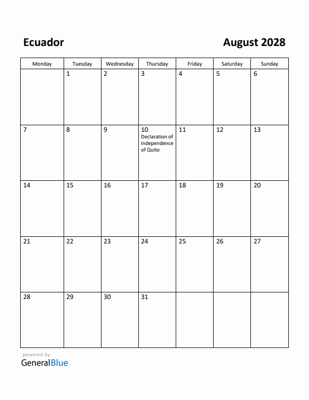 August 2028 Calendar with Ecuador Holidays