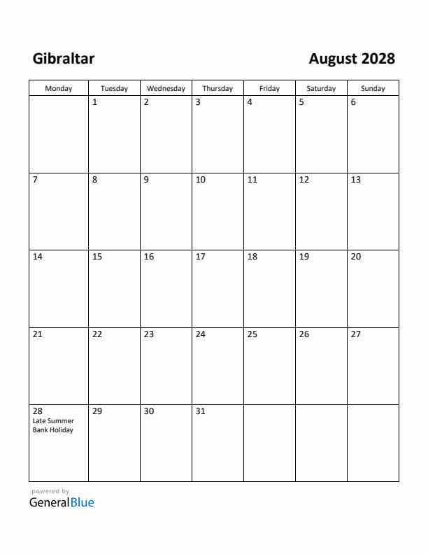 August 2028 Calendar with Gibraltar Holidays