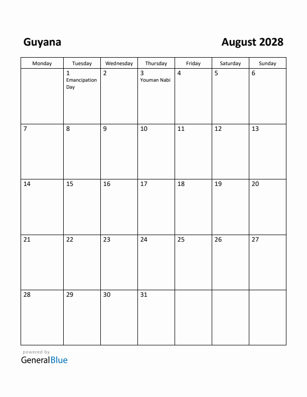 August 2028 Calendar with Guyana Holidays