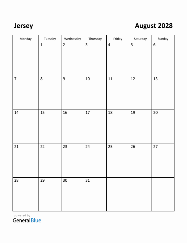 August 2028 Calendar with Jersey Holidays