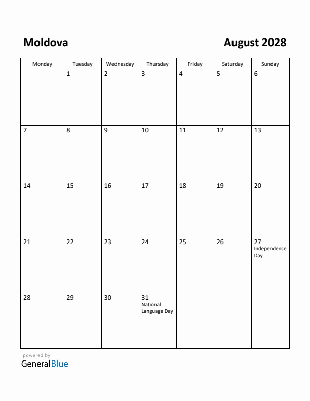 August 2028 Calendar with Moldova Holidays