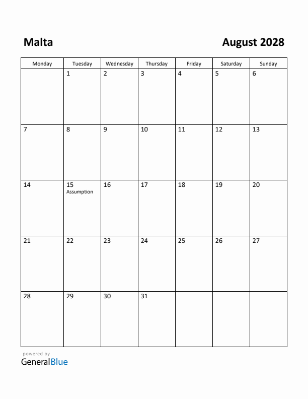 August 2028 Calendar with Malta Holidays