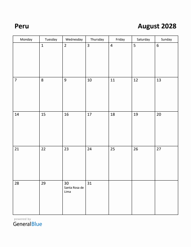 August 2028 Calendar with Peru Holidays