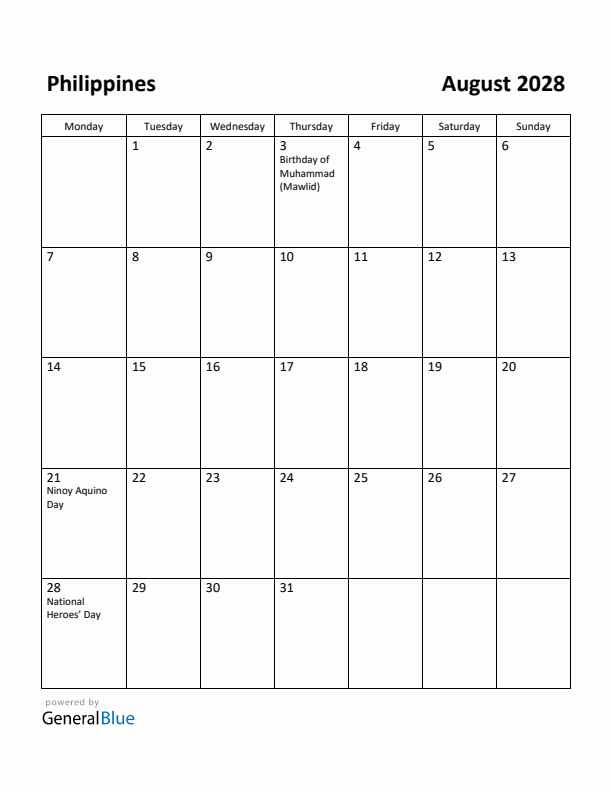 August 2028 Calendar with Philippines Holidays