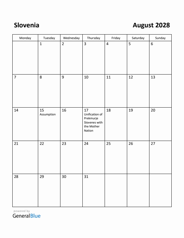 August 2028 Calendar with Slovenia Holidays