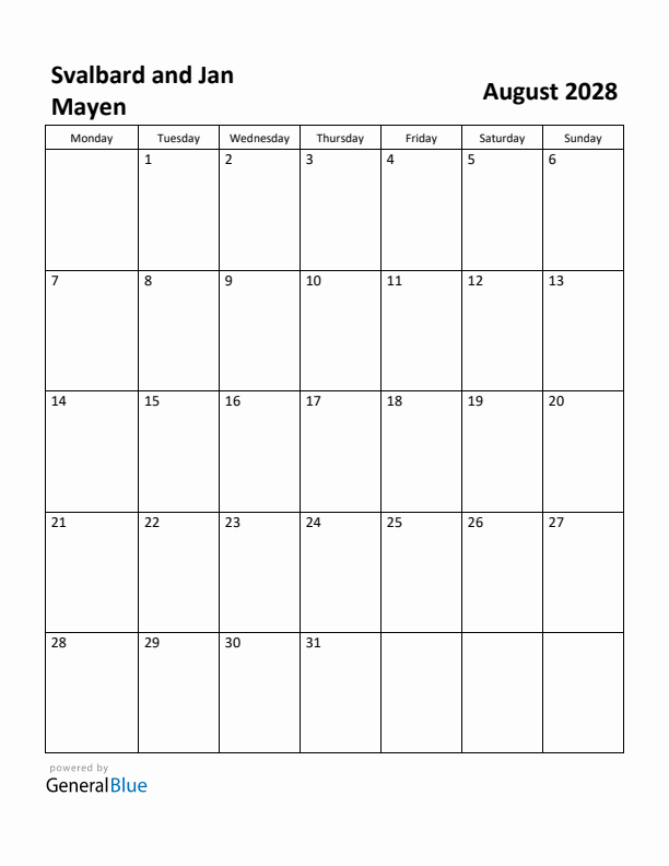 August 2028 Calendar with Svalbard and Jan Mayen Holidays