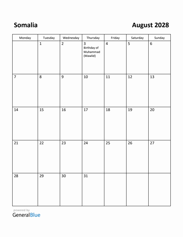 August 2028 Calendar with Somalia Holidays