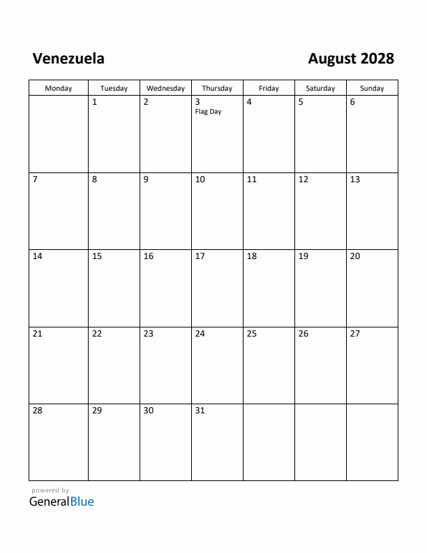 August 2028 Calendar with Venezuela Holidays