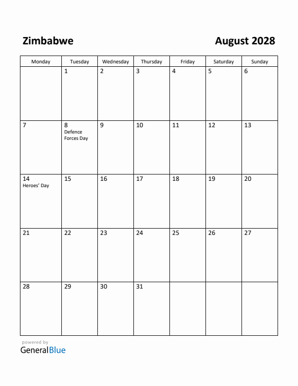 August 2028 Calendar with Zimbabwe Holidays