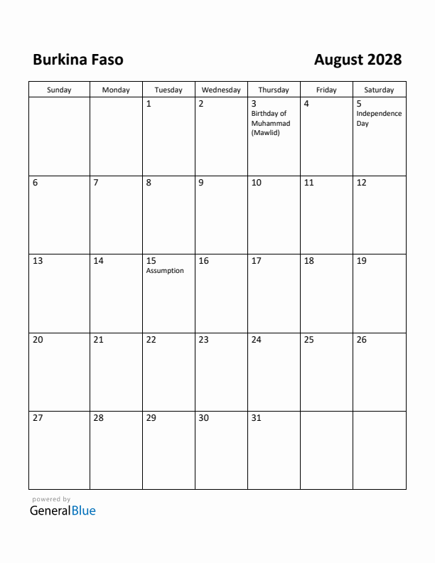 August 2028 Calendar with Burkina Faso Holidays