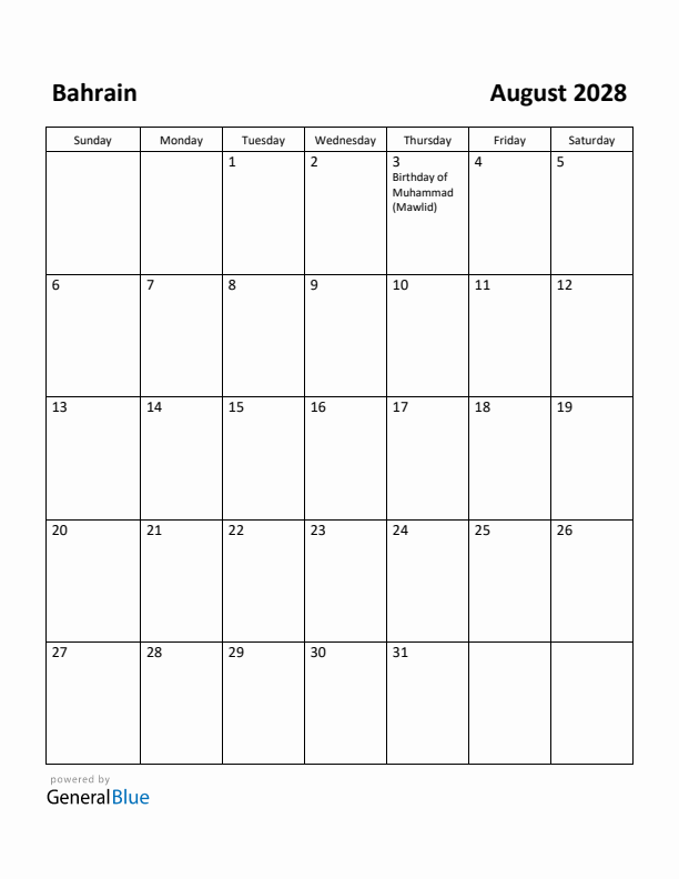 August 2028 Calendar with Bahrain Holidays