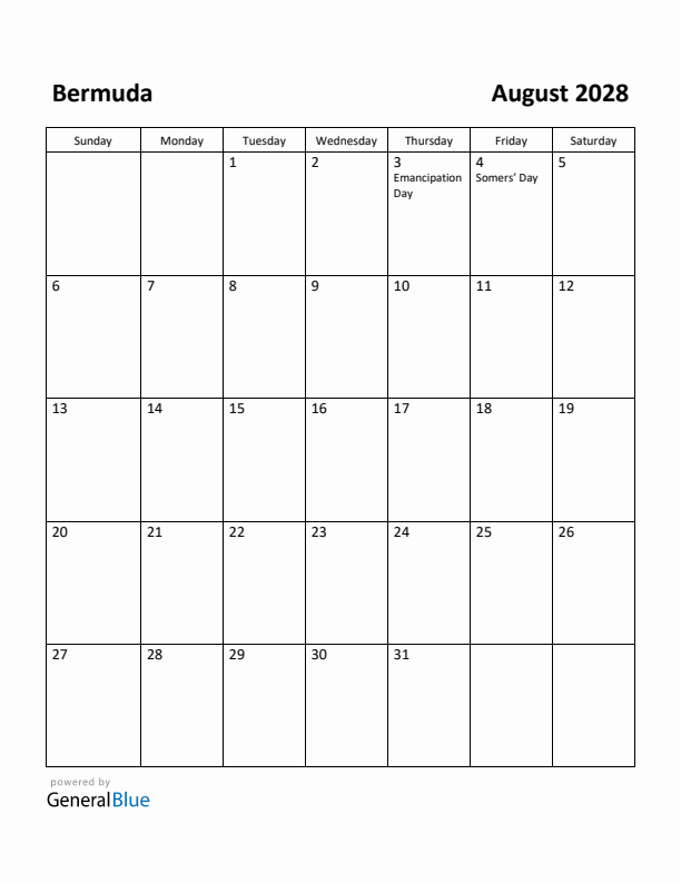 August 2028 Calendar with Bermuda Holidays