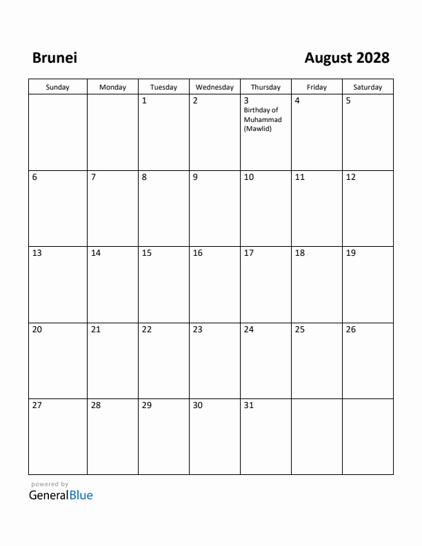 August 2028 Calendar with Brunei Holidays