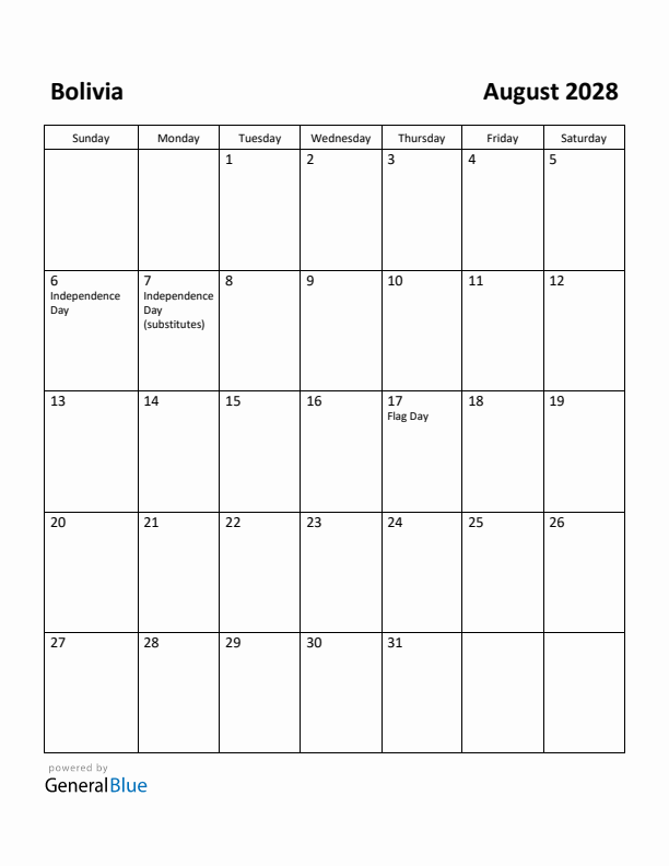 August 2028 Calendar with Bolivia Holidays