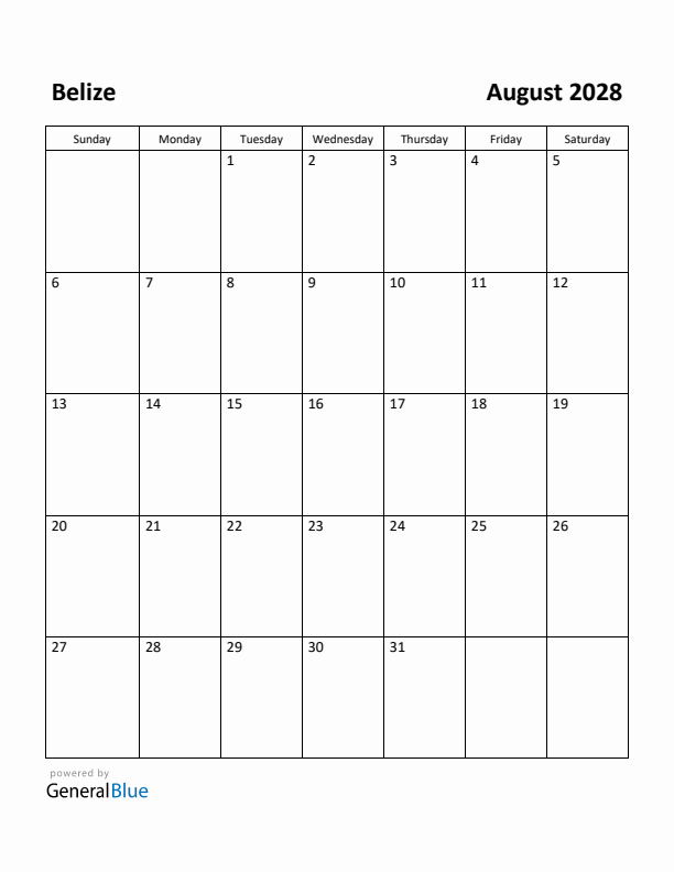 August 2028 Calendar with Belize Holidays