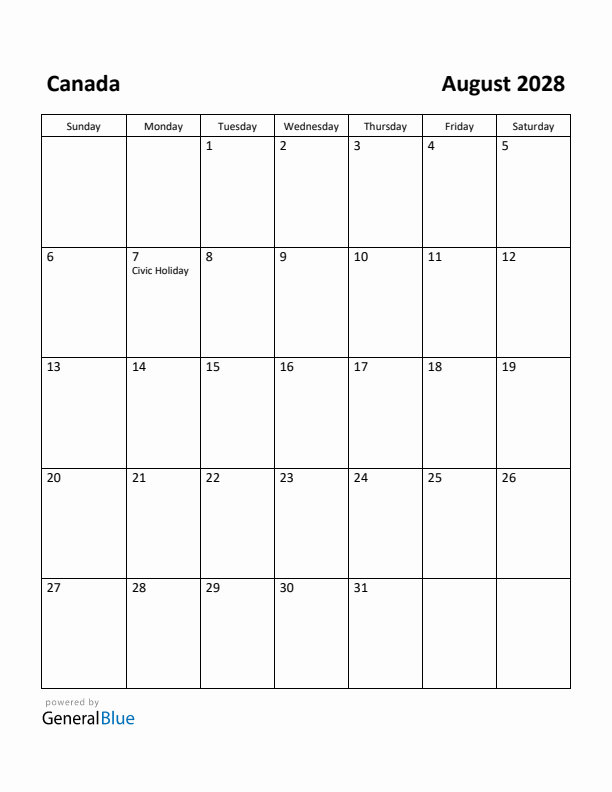 August 2028 Calendar with Canada Holidays