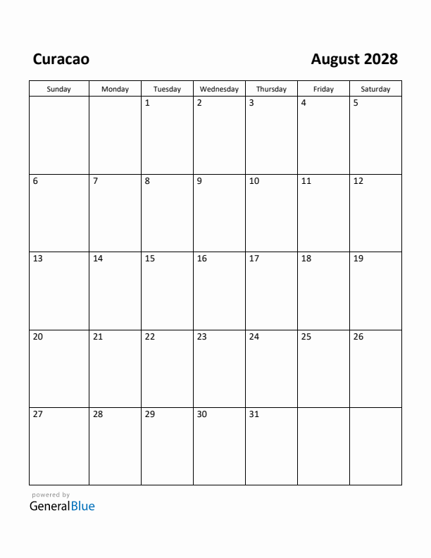 August 2028 Calendar with Curacao Holidays