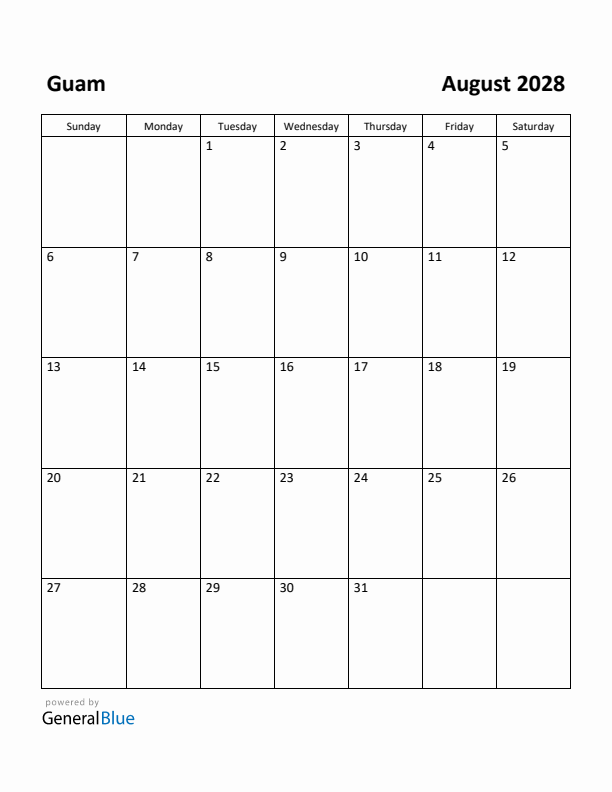 August 2028 Calendar with Guam Holidays