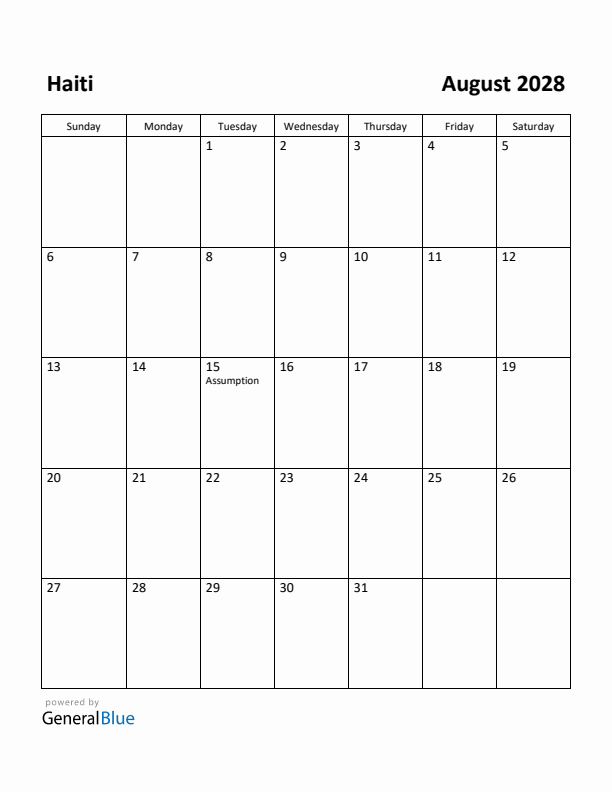 August 2028 Calendar with Haiti Holidays